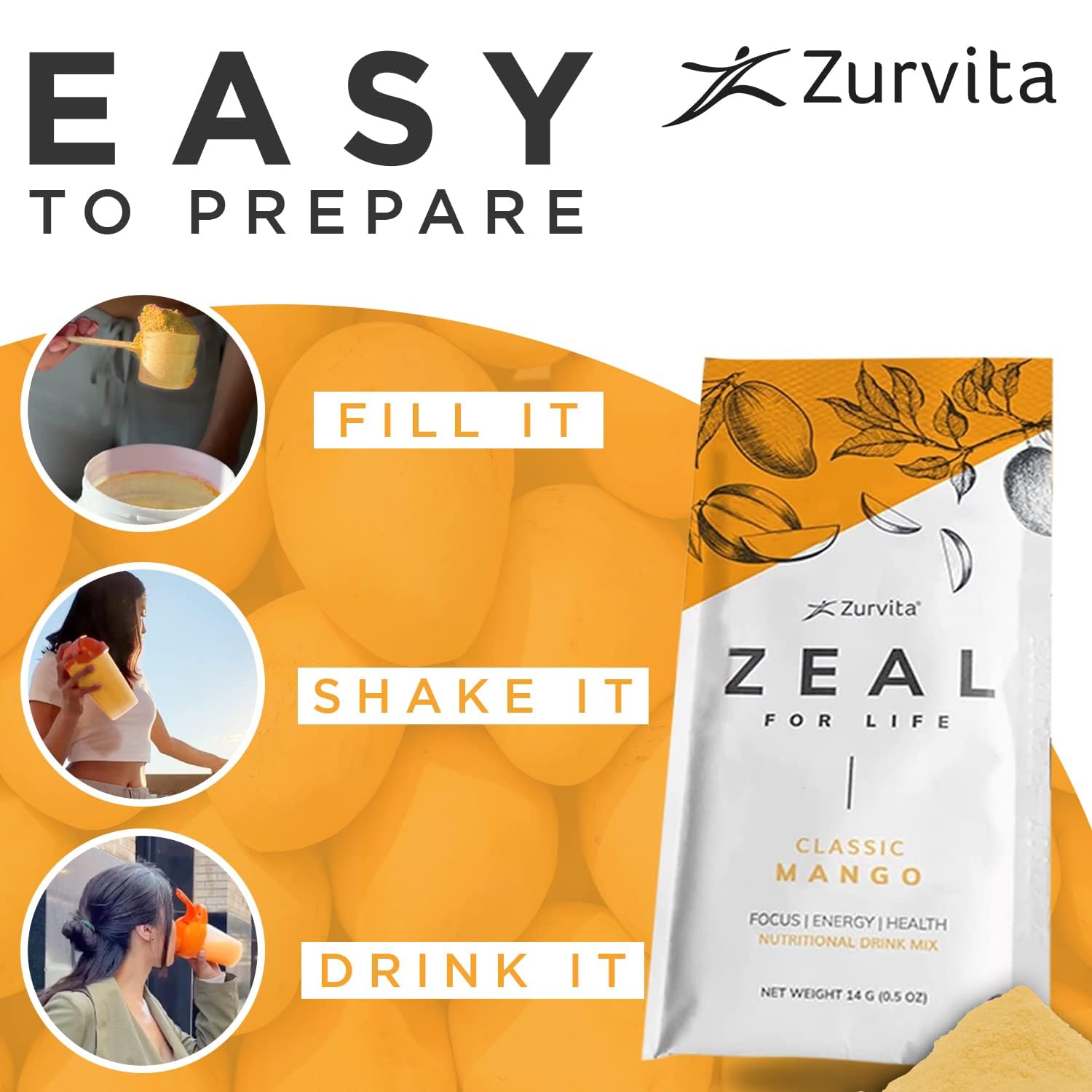 Zurvita Zeal for Life mango drink includes biotin and minerals for daily support.