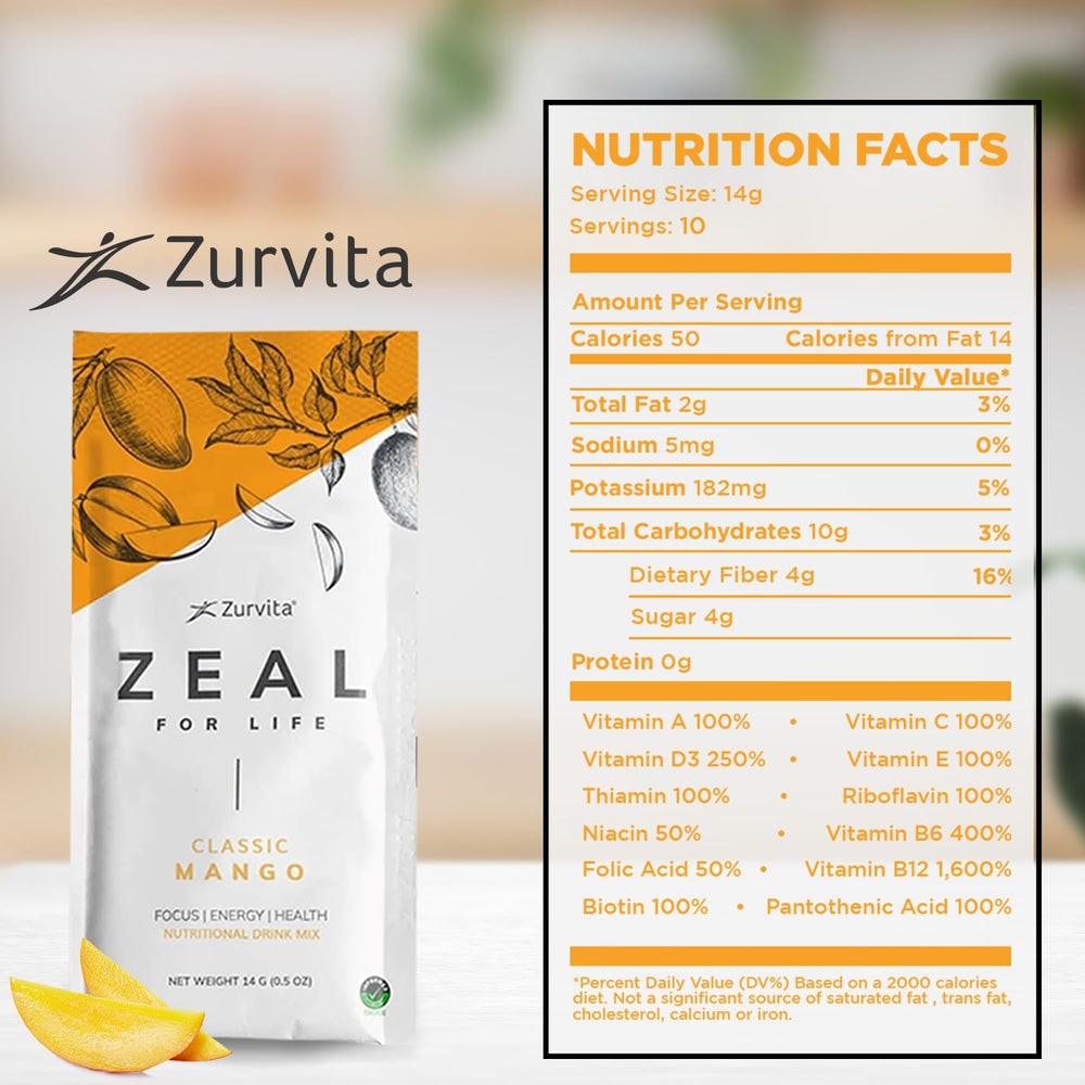 Zurvita Zeal for Life mango drink served in a glass for refreshing energy.