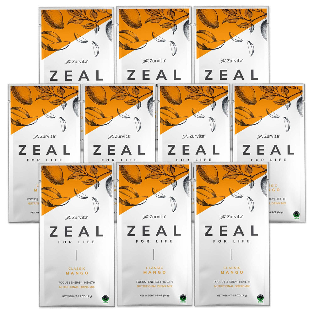 Zurvita Zeal for Life mango drink mix packet for convenient daily nutrition.
