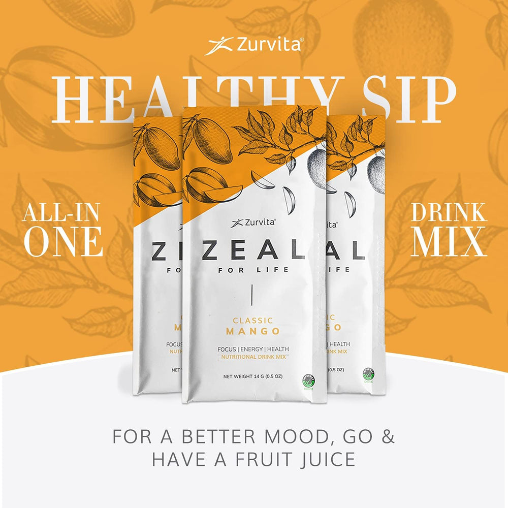 Zurvita Zeal for Life mango drink pre-workout option for steady energy.