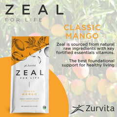 Zurvita Zeal for Life mango drink scoop beside mix for easy daily nutrition.