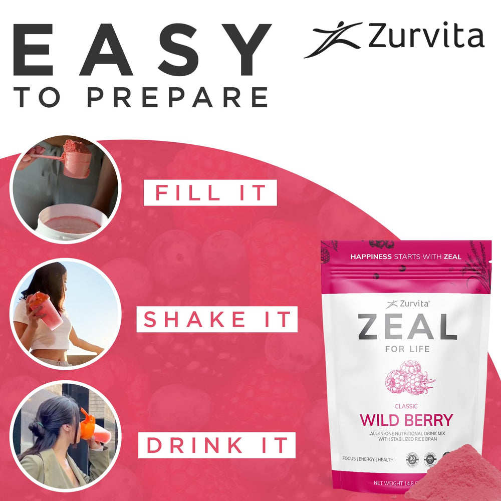 Zurvita Zeal for Life Wild Berry on kitchen counter ready to mix