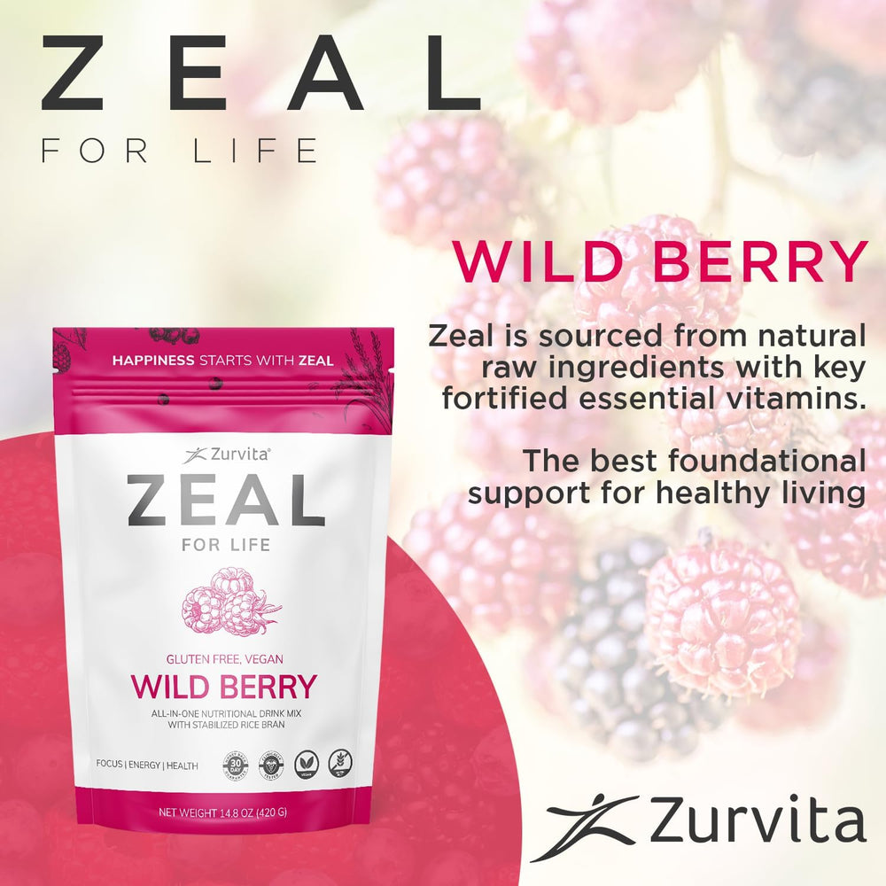 Scoop of Zurvita Zeal for Life Wild Berry powder beside a glass for daily energy.