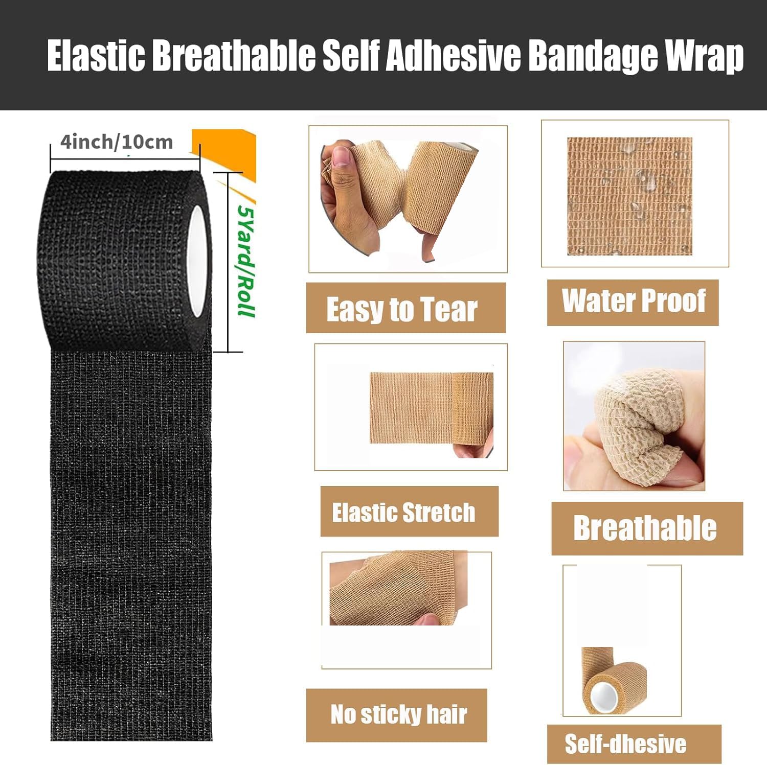 Zwealthygift 4 inch wrap self-adheres without sticking to skin or hair