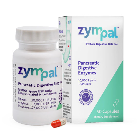 ZYMPAL pancreatic digestive enzymes bottle showing high-potency formula for digestion support.