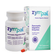 ZYMPAL pancreatic digestive enzymes bottle showing high-potency formula for digestion support.