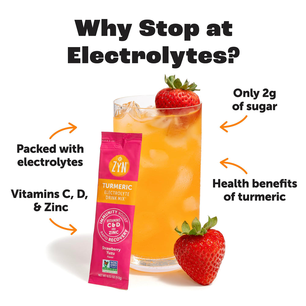 ZYN Strawberry Yuzu electrolyte powder packet dissolves quickly for refreshing hydration