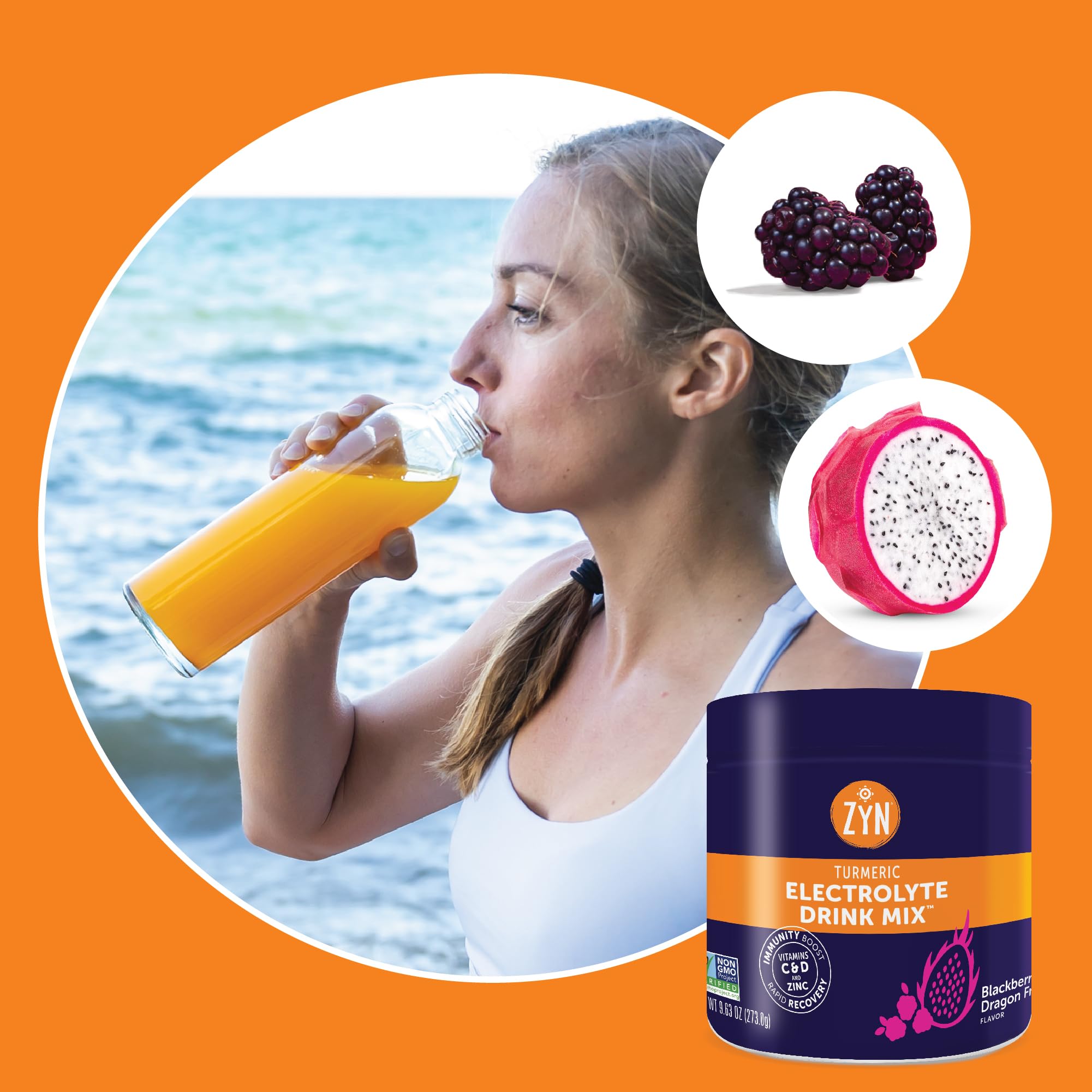 ZYN non-GMO, low-sugar formula displayed for health-conscious hydration.