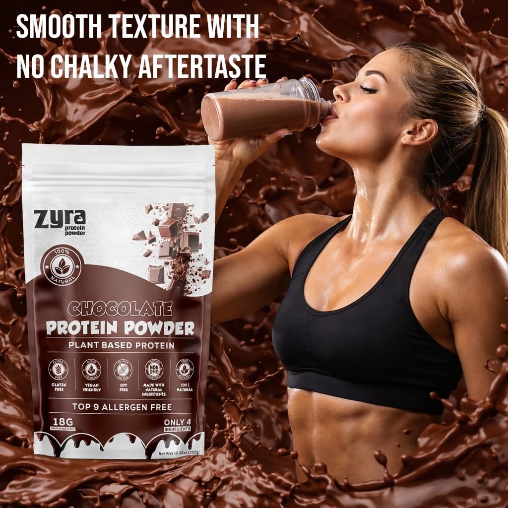 Zyra Pea Protein Powder Chocolate next to peas illustration underlines plant-based origin