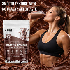 Zyra Pea Protein Powder Chocolate next to peas illustration underlines plant-based origin