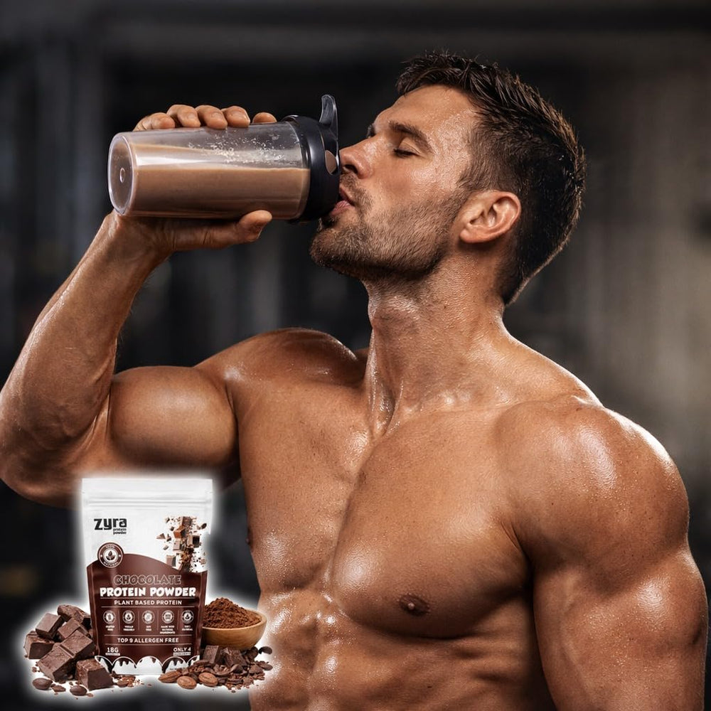 Zyra Pea Protein Powder Chocolate being poured into a shaker bottle for on-the-go protein