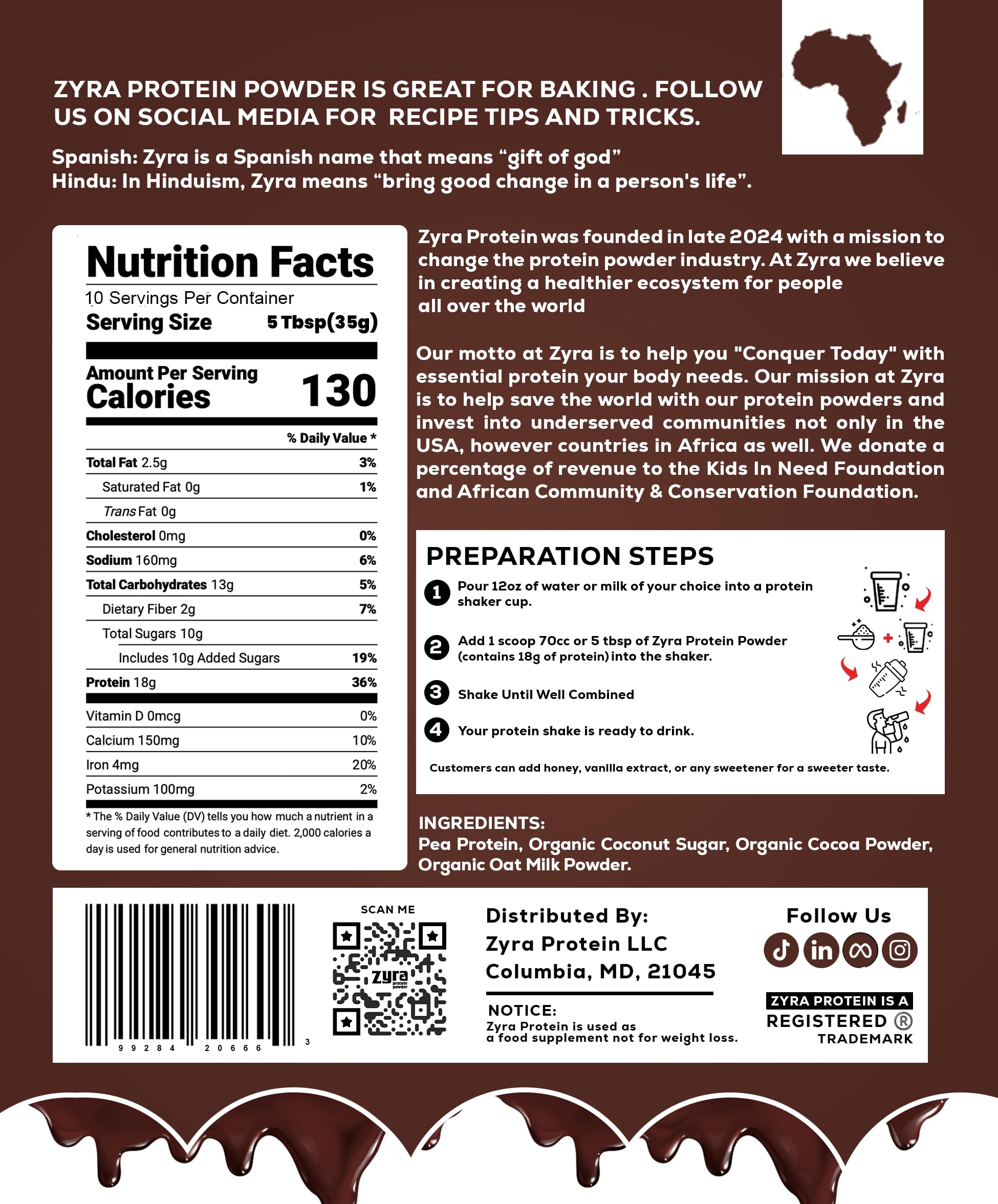 Zyra Pea Protein Powder Chocolate scoop beside powder for quick, accurate portioning