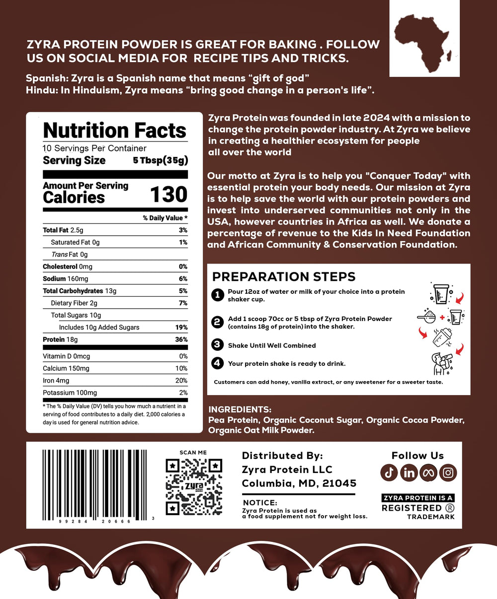 Zyra Pea Protein Powder Chocolate scoop beside powder for quick, accurate portioning