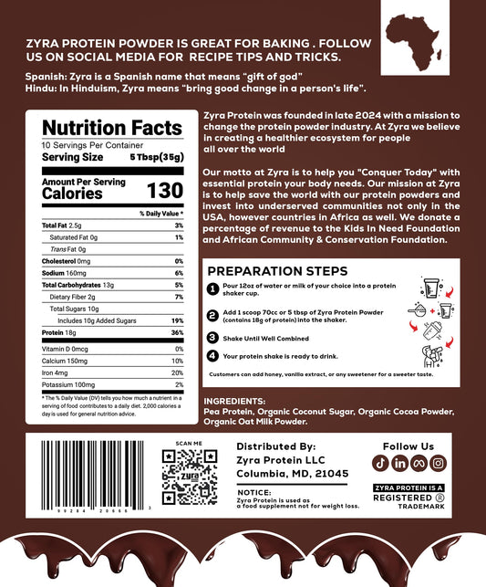 Zyra Pea Protein Powder Chocolate scoop beside powder for quick, accurate portioning