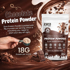 Zyra Pea Protein Powder Chocolate vegan label close-up emphasizes clean, allergen-free nutrition