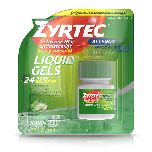 Zyrtec liquid gels bottle front showing 10 mg cetirizine for all-day allergy relief.