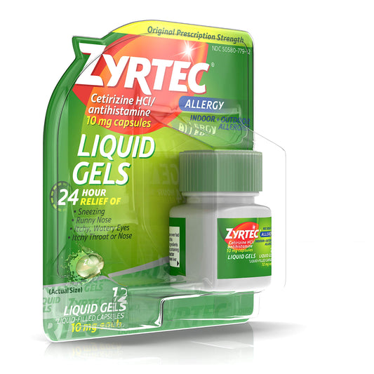Close-up of Zyrtec bottle label shows 10 mg cetirizine HCl.