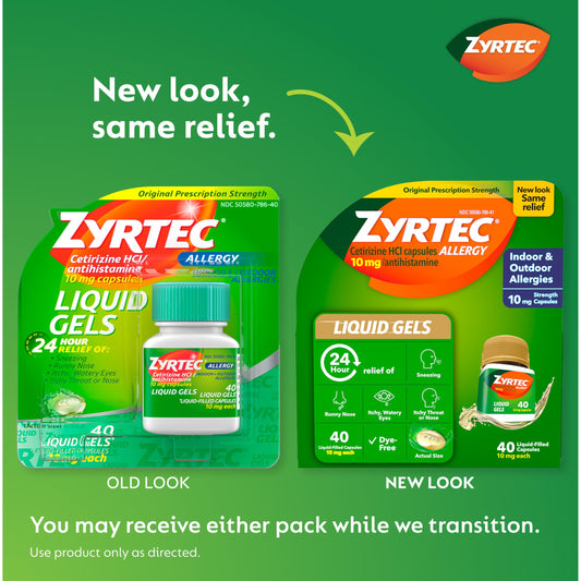 Zyrtec 10 mg cetirizine liquid gel close-up shows capsules ready for daily use.
