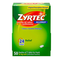 Zyrtec 24-hour tablets in a dispensit pack for daily relief.