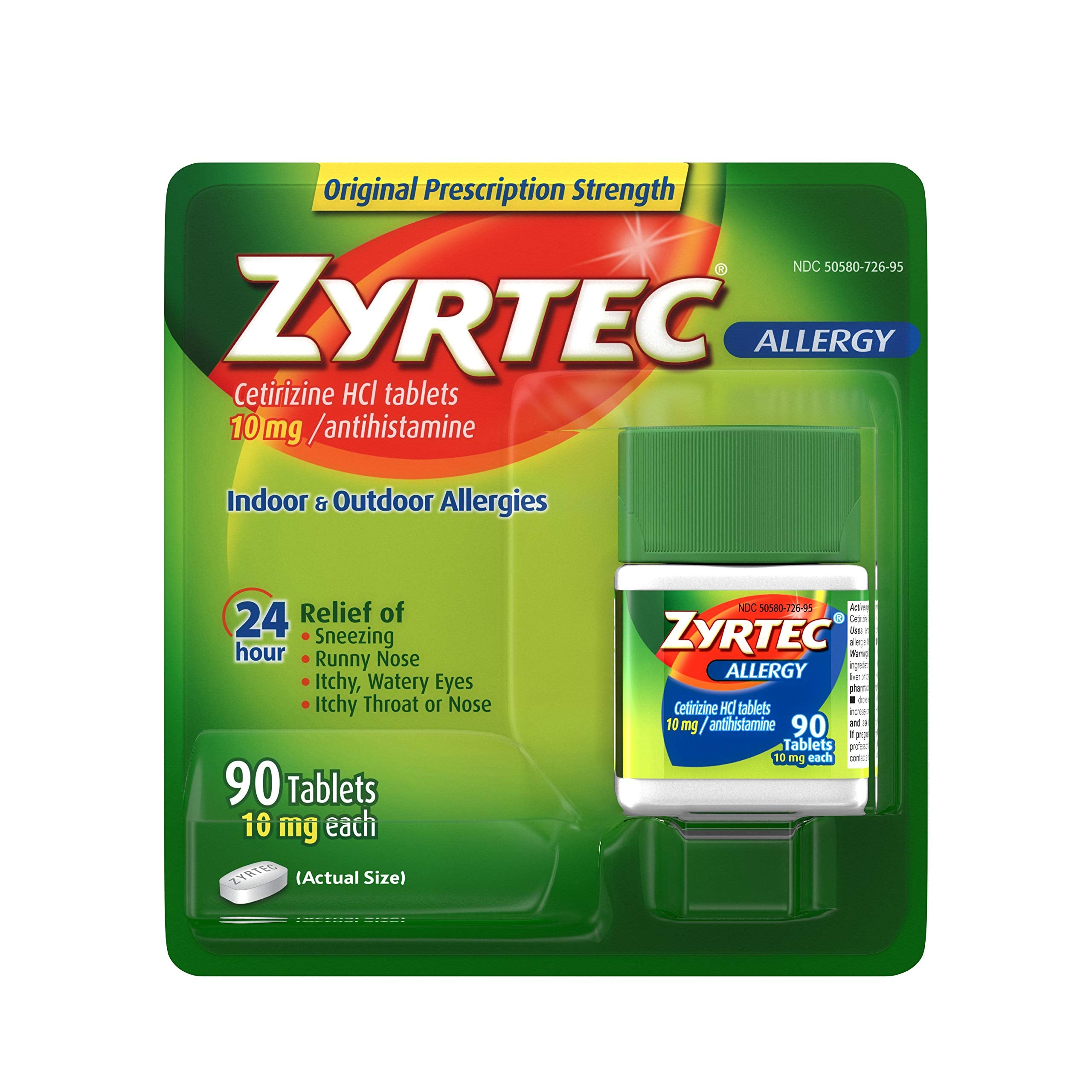 Zyrtec 24 Hour allergy relief tablets bottle close-up for daily relief