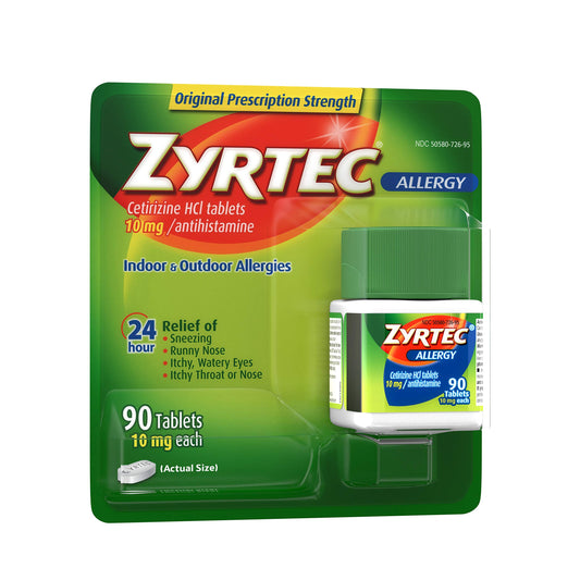 Zyrtec 24 Hour tablets being dispensed from bottle for quick relief