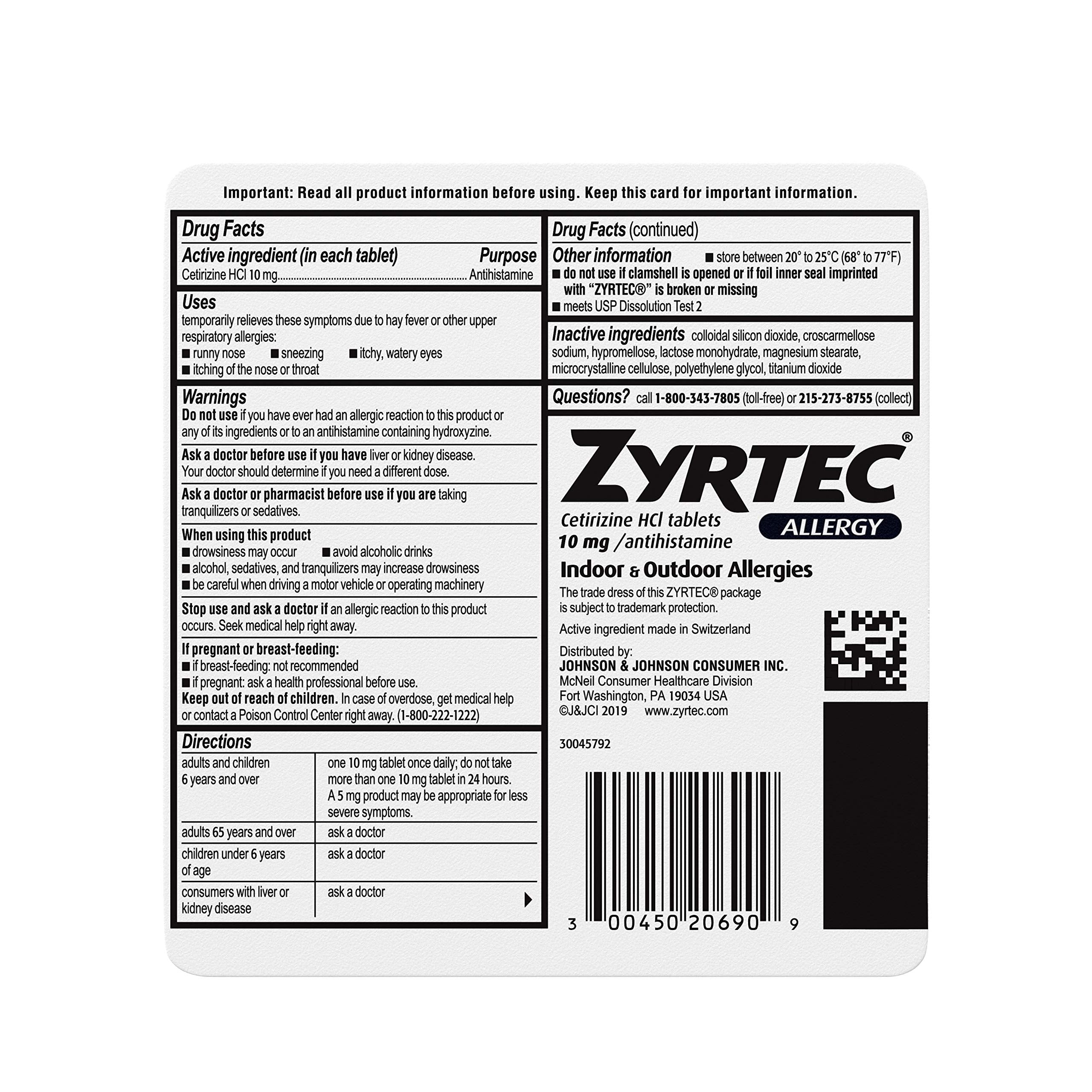 Zyrtec in box with patient-friendly dosage information