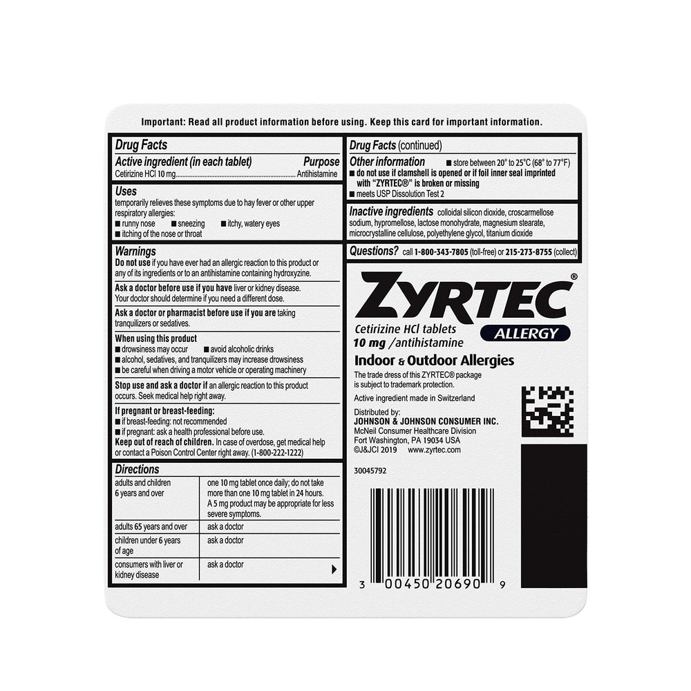 Zyrtec in box with patient-friendly dosage information