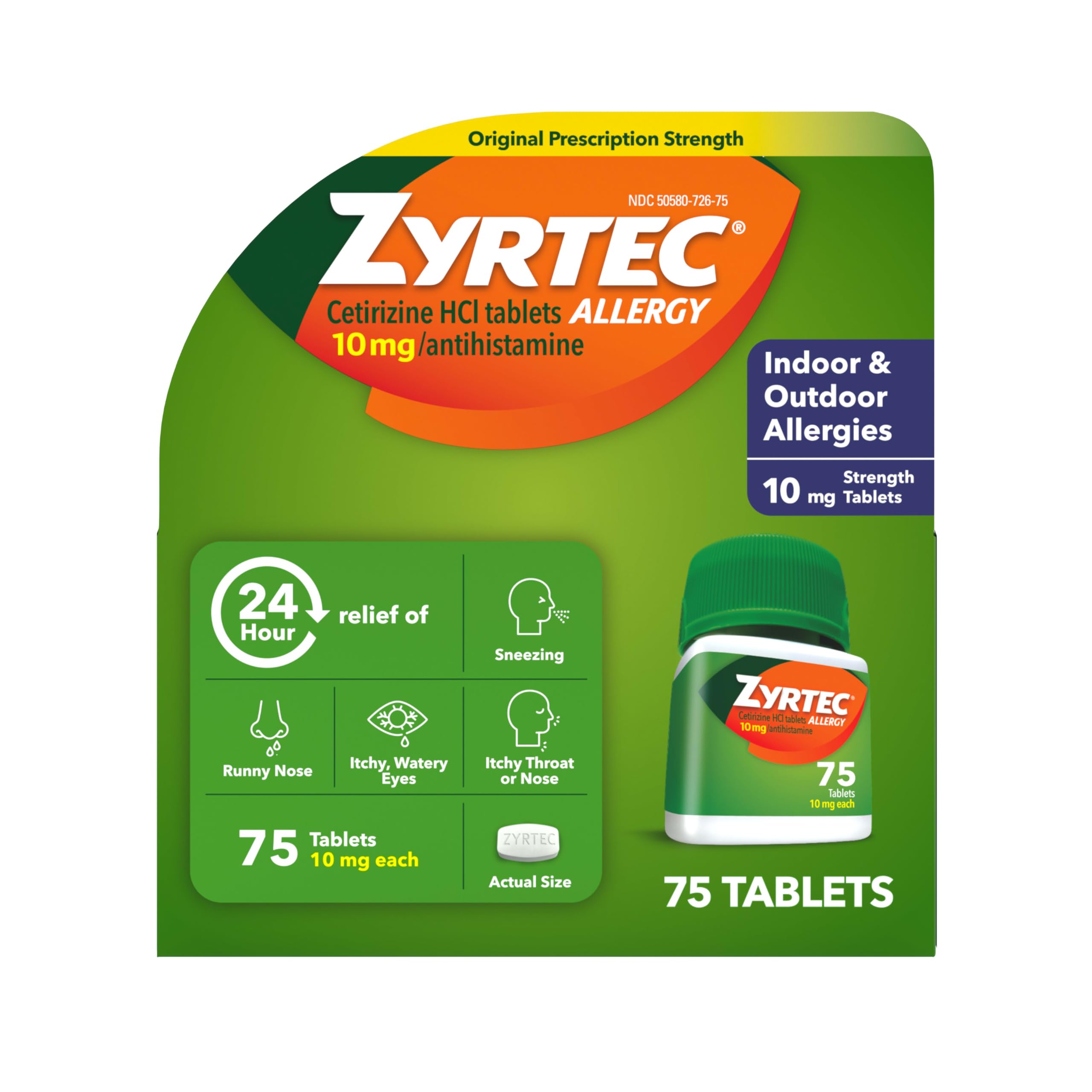 Zyrtec 24Hour allergy bottle shown for all-day indoor and outdoor relief.