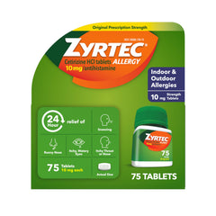 Zyrtec 24Hour allergy bottle shown for all-day indoor and outdoor relief.