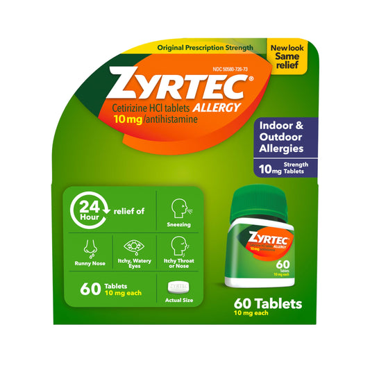 Zyrtec 24Hour bottle front showing all-day allergy relief.