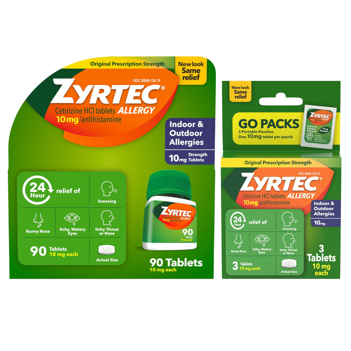 Zyrtec 90-count bottle shown for all-day allergy relief.