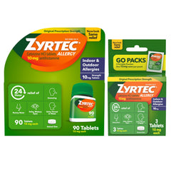 Zyrtec 90-count bottle shown for all-day allergy relief.