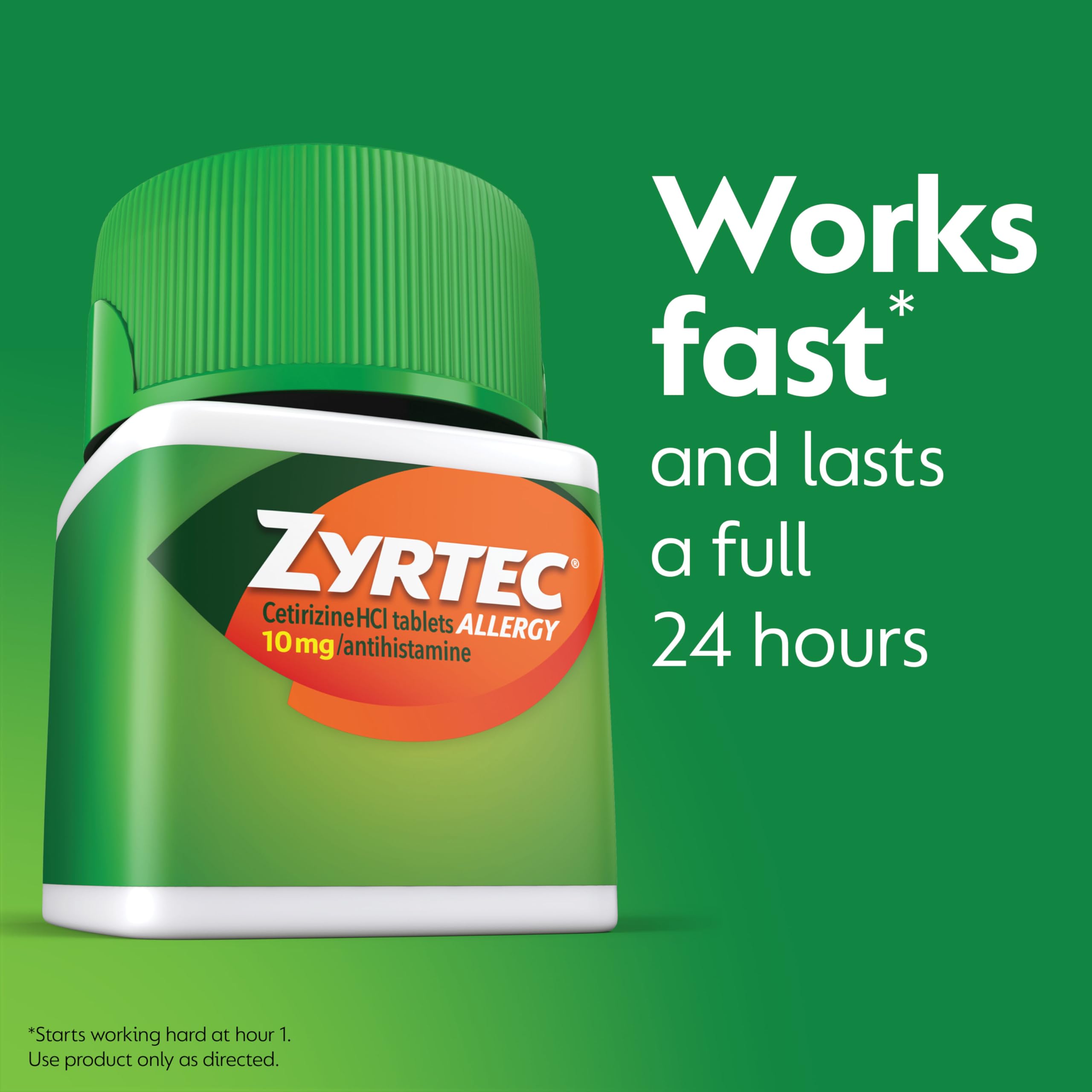 Closeup of Zyrtec 24Hour tablets emphasizing 10 mg cetirizine potency.