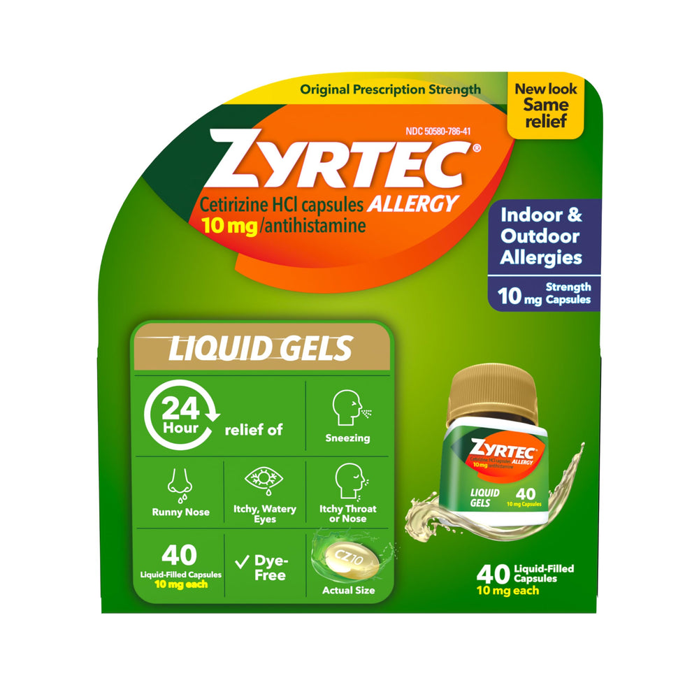 Zyrtec 24 Hour Allergy Liquid Gels bottle relieves indoor and outdoor symptoms for 24 hours.