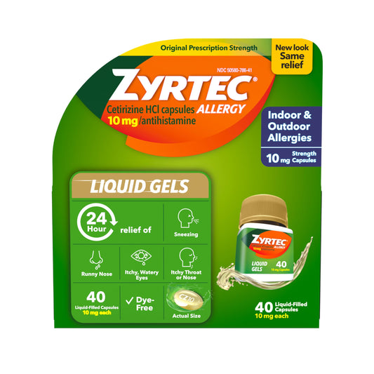 Zyrtec 24 Hour Allergy Liquid Gels bottle relieves indoor and outdoor symptoms for 24 hours.