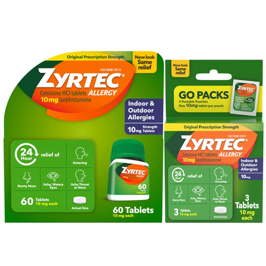 Zyrtec 24 Hour bottle close-up showing cetirizine tablets for all-day allergy relief