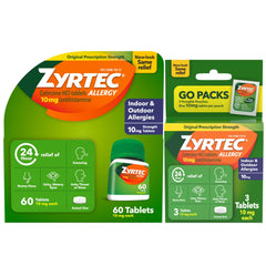 Zyrtec 24 Hour bottle close-up showing cetirizine tablets for all-day allergy relief