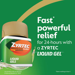 Zyrtec bottle pouring dose demonstrates easy, one-per-day allergy relief.