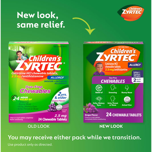 Close-up of Zyrtec Children's grape chewable tablet for quick allergy relief.
