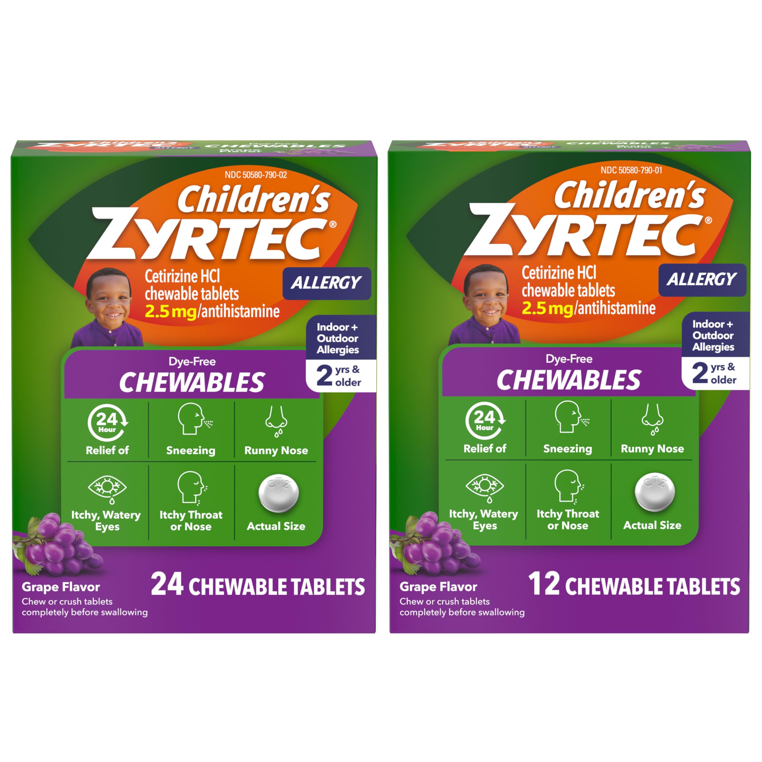 Zyrtec Children's grape chewables offer 24-hour allergy support for kids.