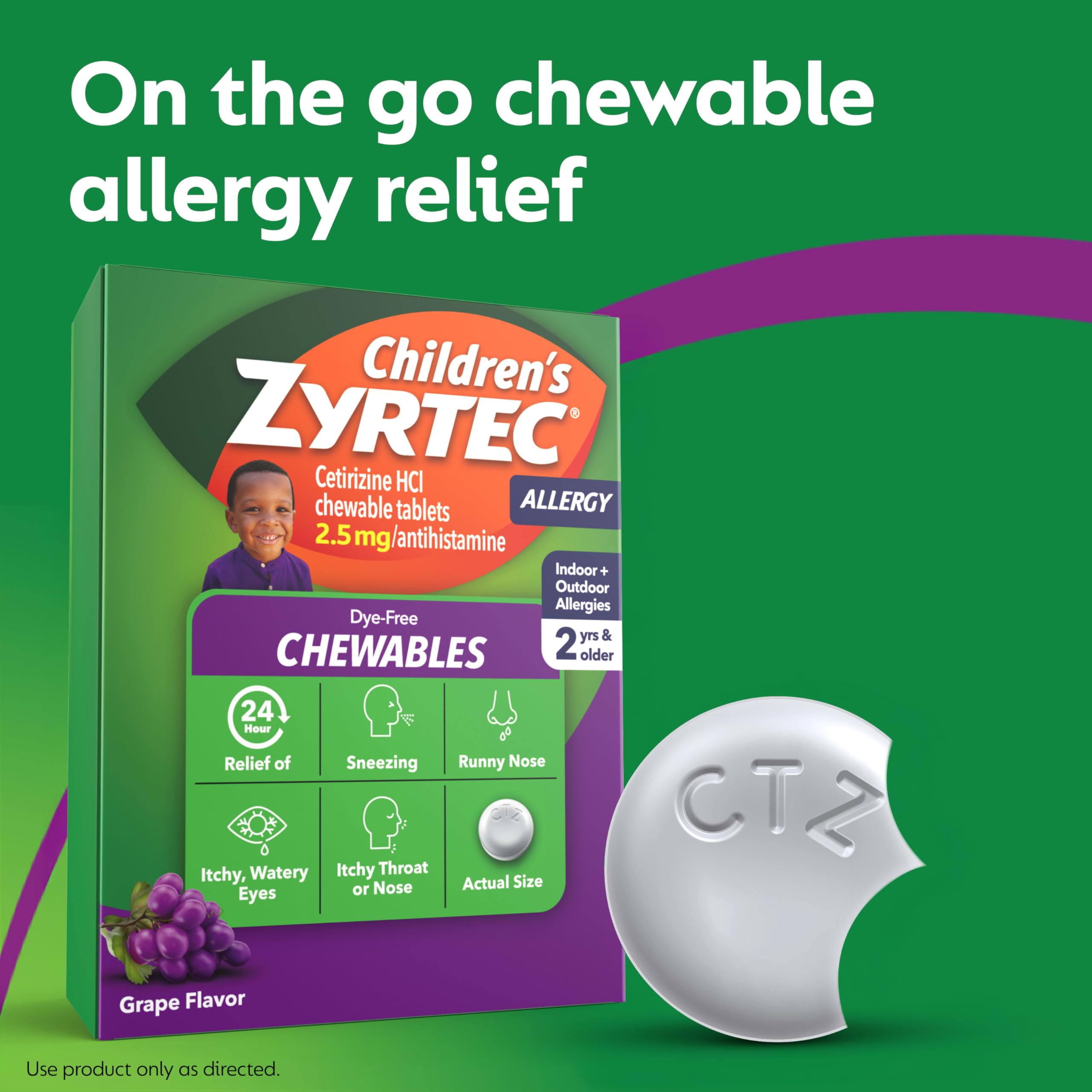 Front view of Zyrtec Children's dye-free chewables grape bottle.