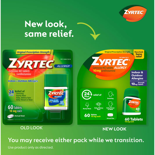 Zyrtec tablets closeup displaying 10 mg cetirizine for daily relief.