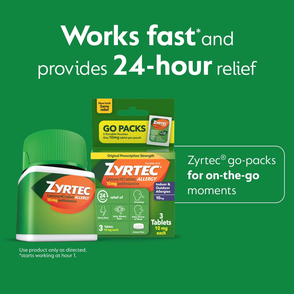Zyrtec travel-pack 1ct compact for daily use on the move.