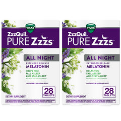 ZzzQuil Pure Zzzs All Night bottle promotes restful sleep with packaging visible