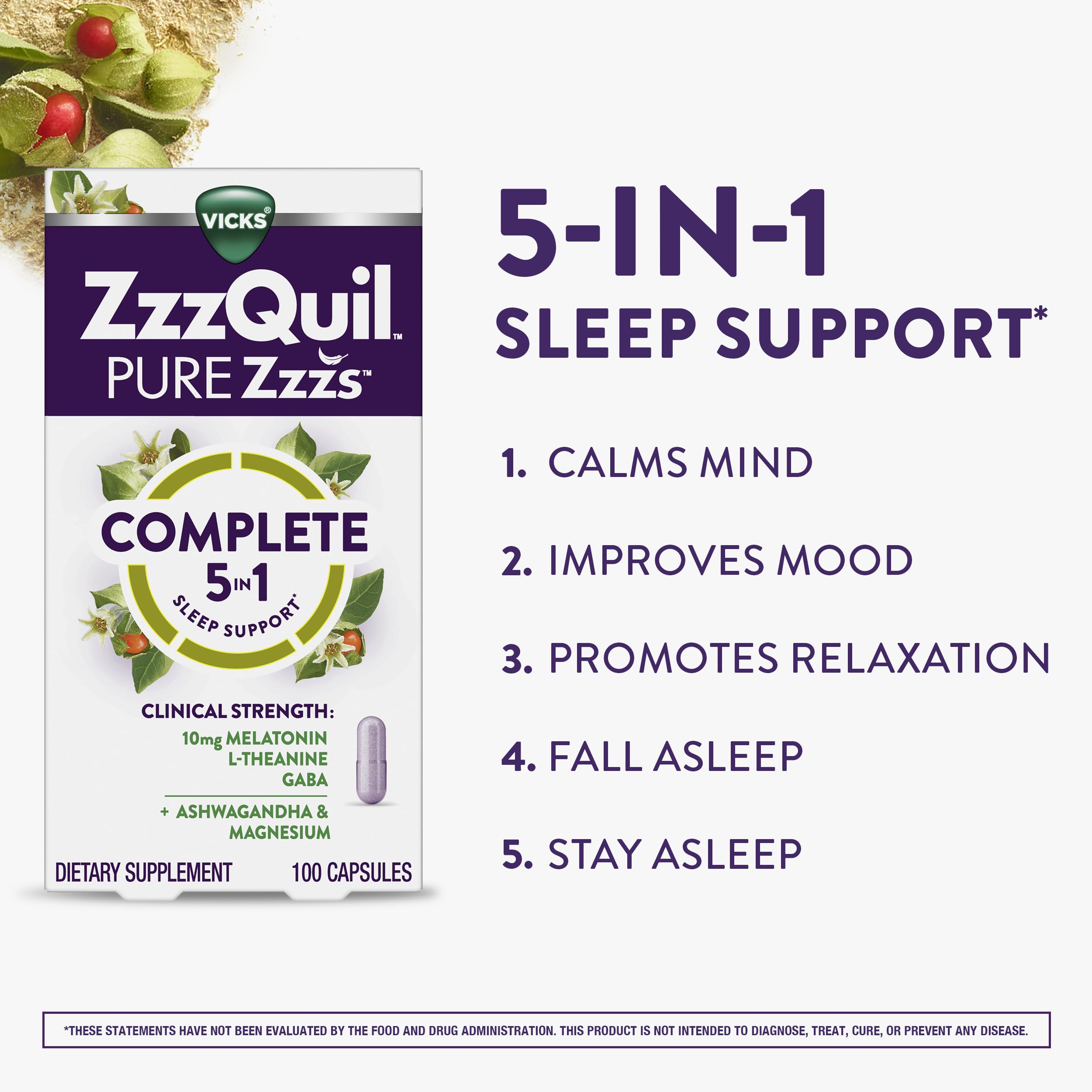 ZzzQuil PURE Zzzs capsules close-up featuring melatonin and calming ingredients.