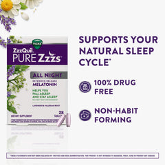 ZzzQuil Pure Zzzs extended-release layer tablet supports staying asleep longer through the night