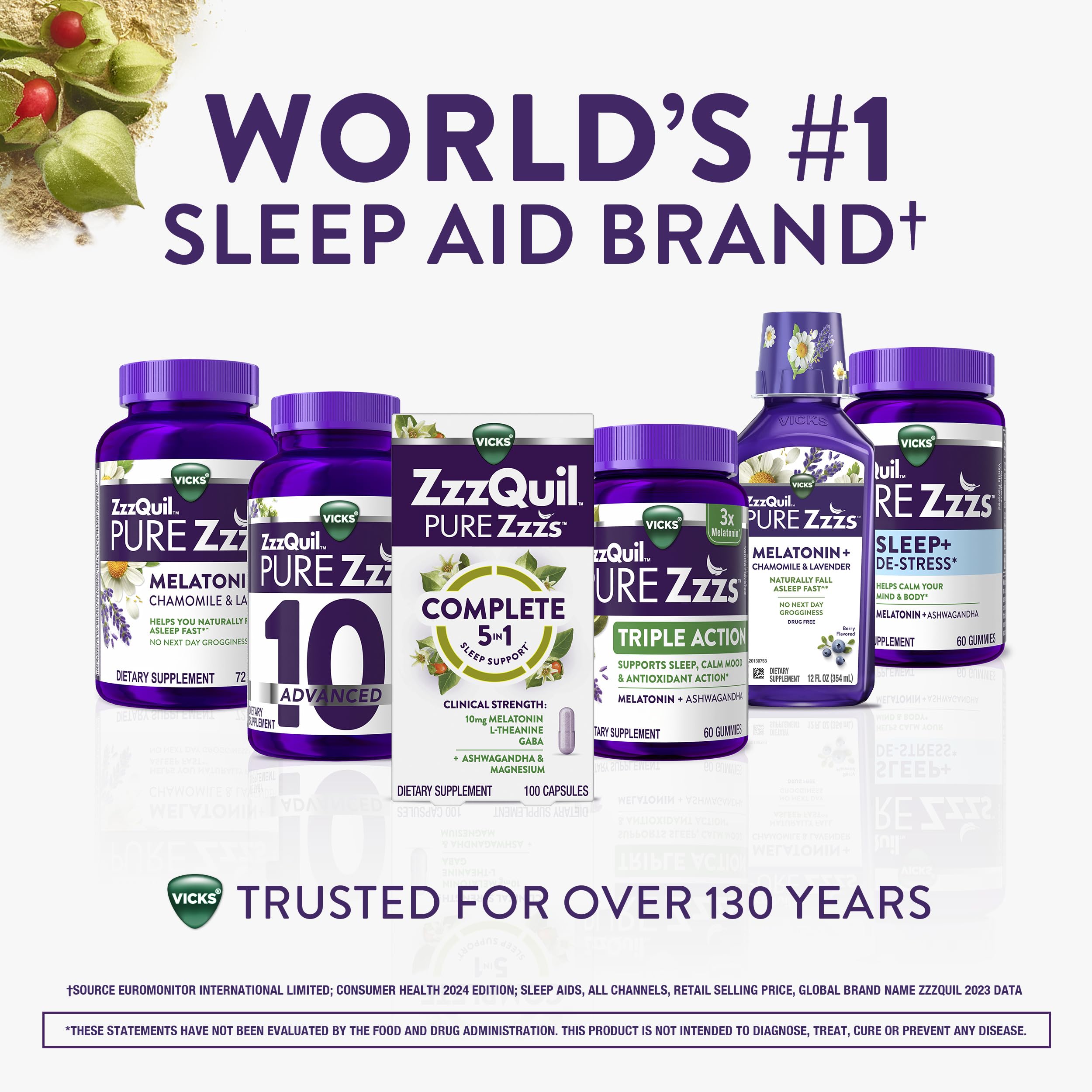 ZzzQuil PURE Zzzs ingredients panel highlights L-Theanine, GABA, Ashwagandha, Magnesium.