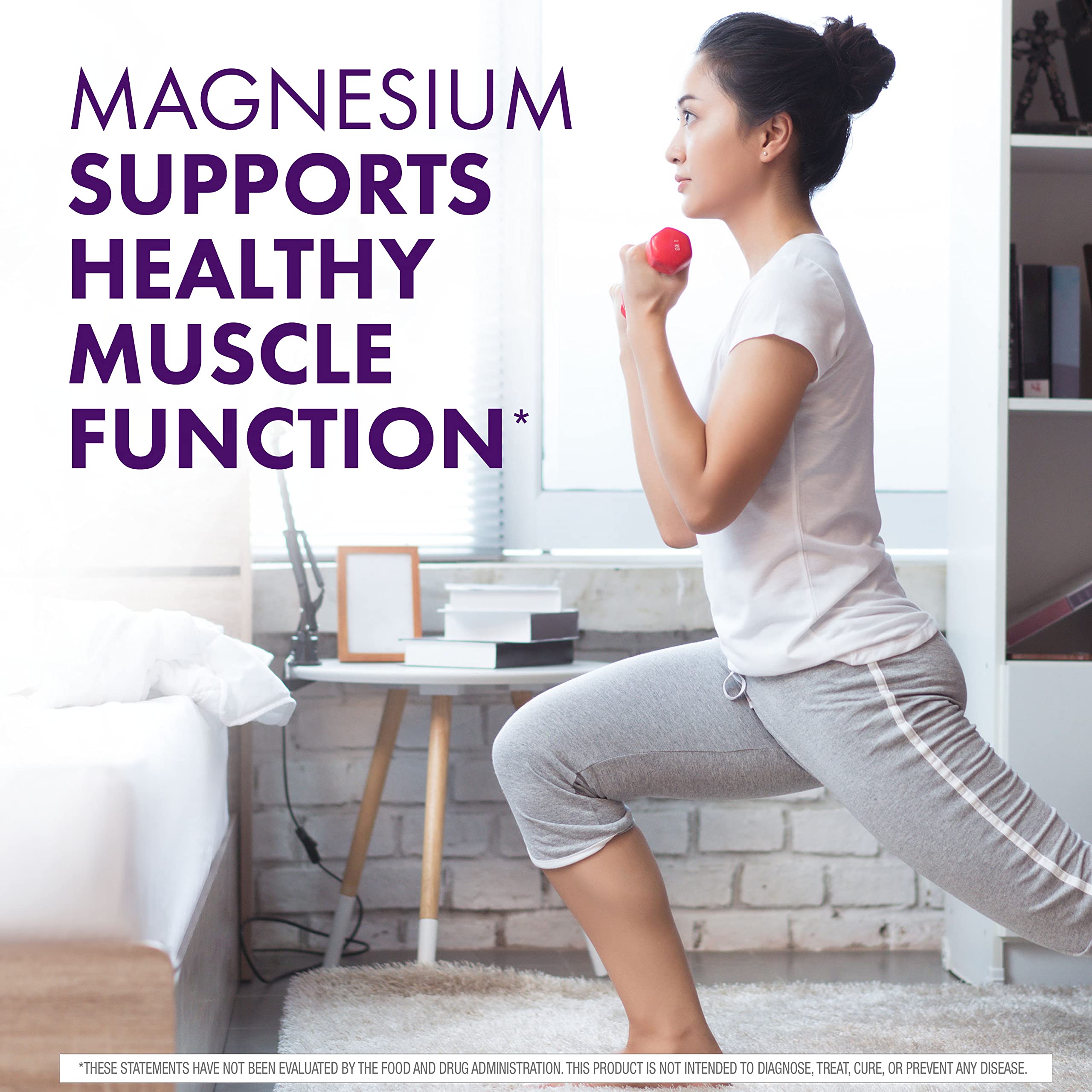 Bottle highlights 110 mg magnesium to support muscle function.
