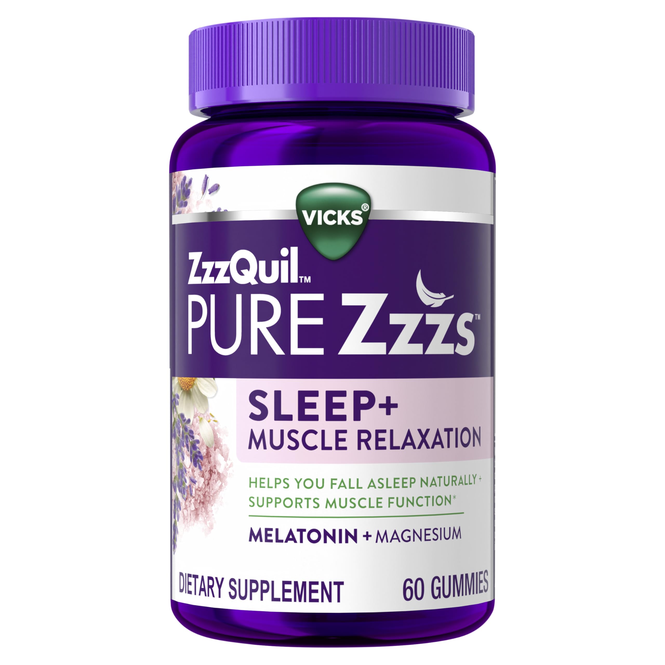 ZzzQuil PURE Zzzs gummies in a bottle support healthy muscle function at night.