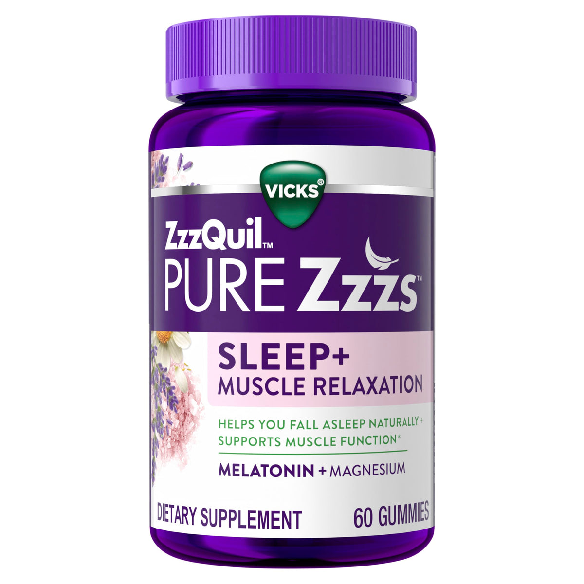ZzzQuil PURE Zzzs gummies in a bottle support healthy muscle function at night.